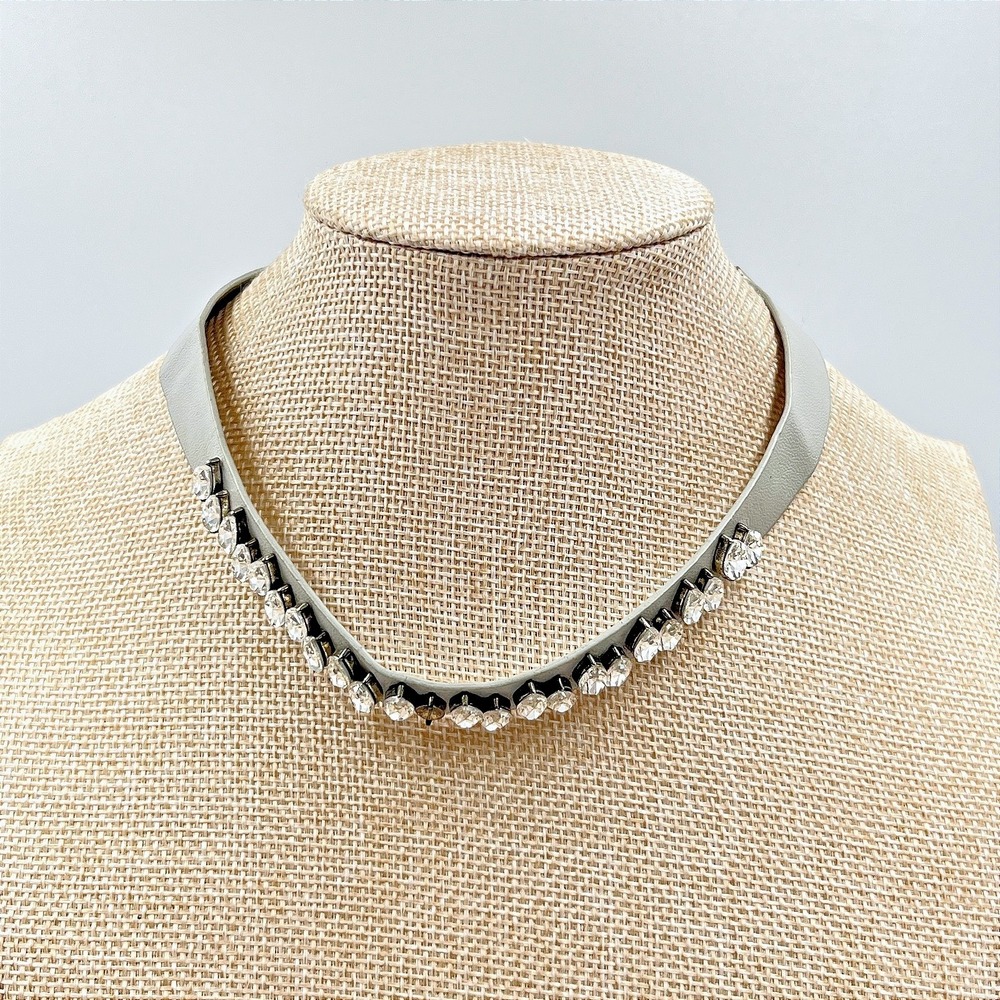 Vintage‎ Y2K Grey Faux Leather Choker Necklace Marquise Crystal Rhinestone Boho